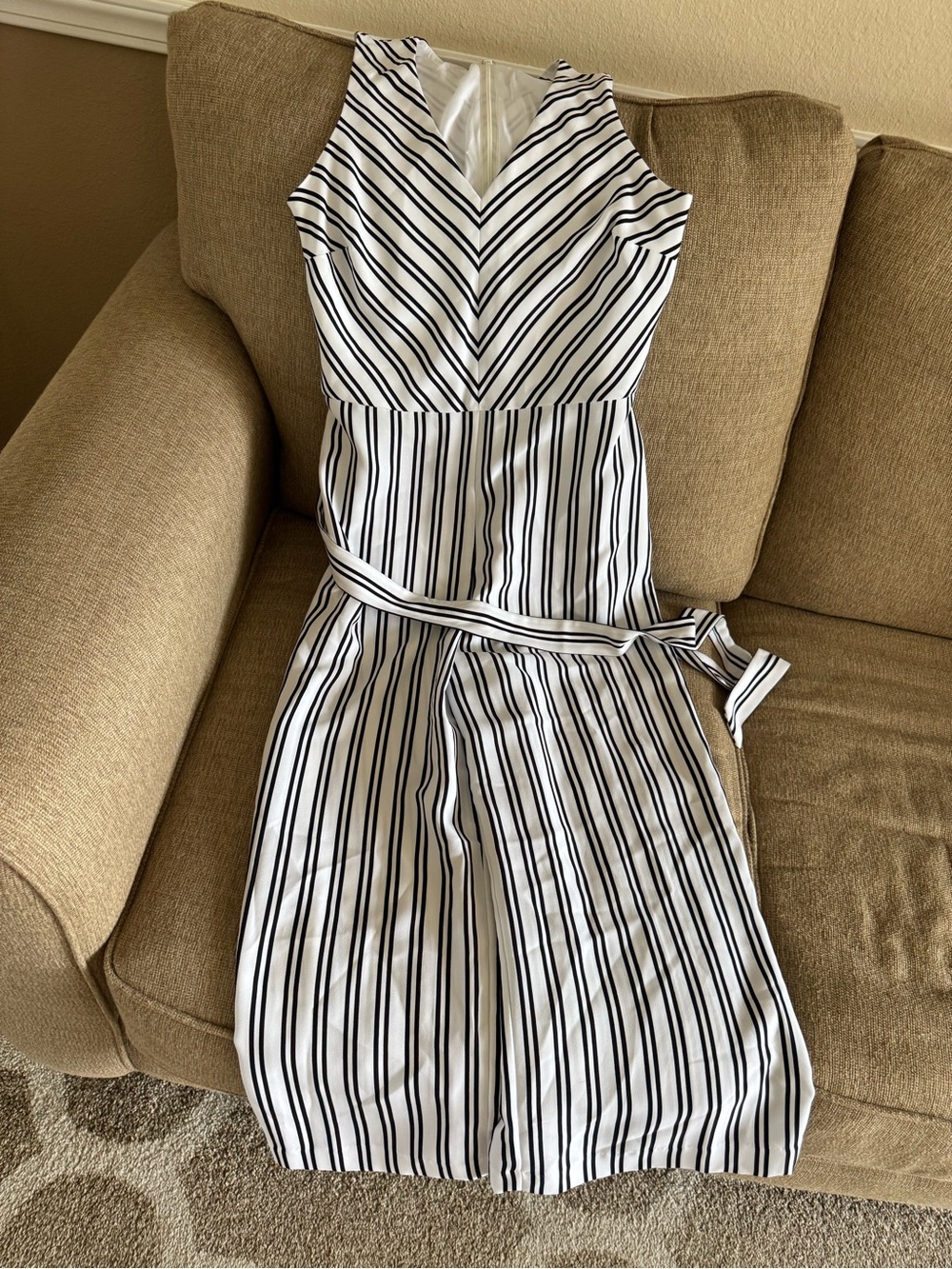 Banana Republic White and Navy Striped Midi Jumpsuit, Cropped. Small